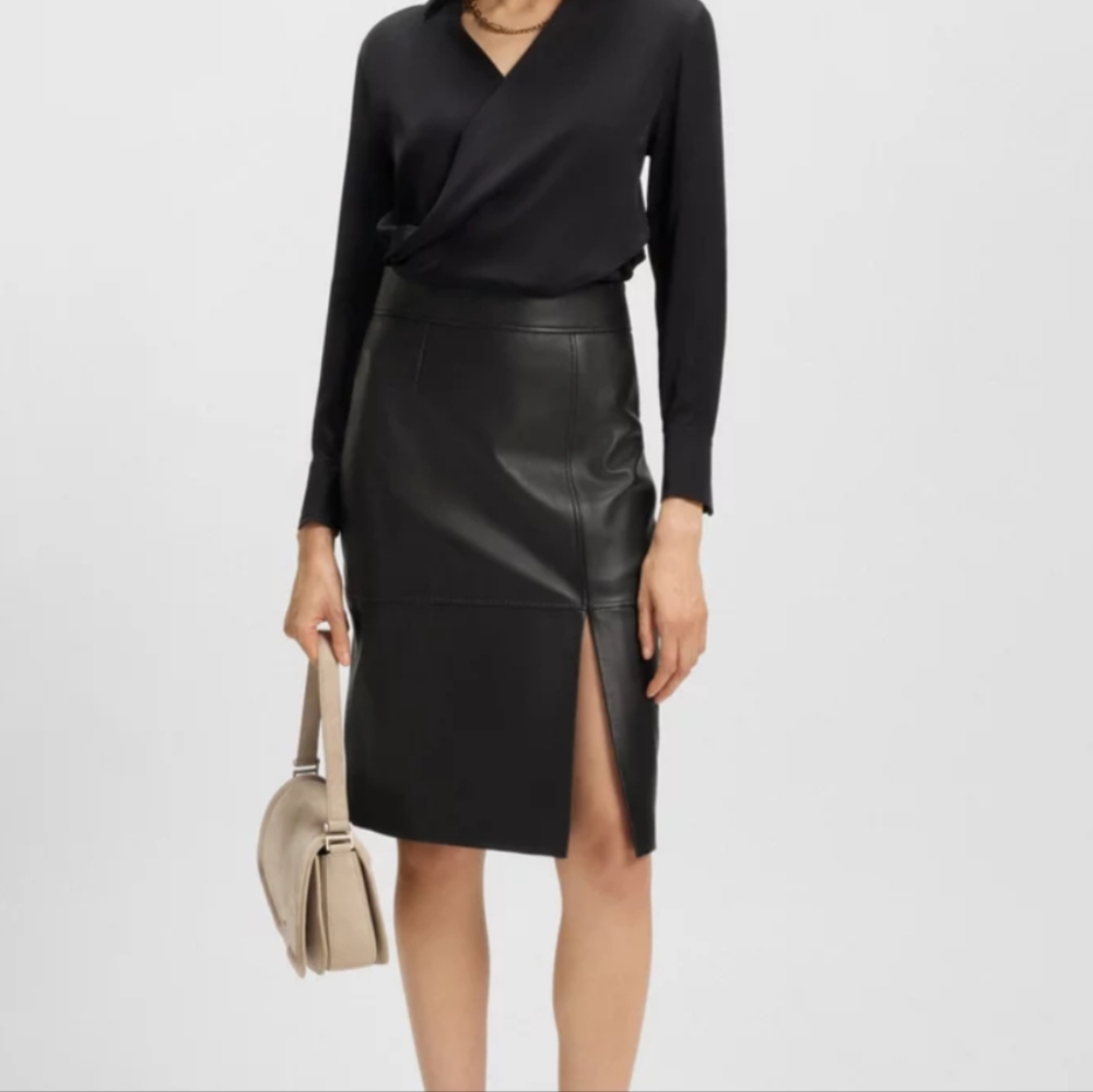 NWT Hugo BOSS Leather Pencil Skirt Setora Style - Dark Blue, Looks Black - Picture 3 of 12